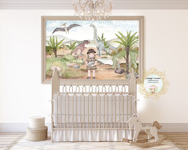 Dinosaur Girl Wall Mural Watercolor Decal Baby Bedroom Nursery Décor