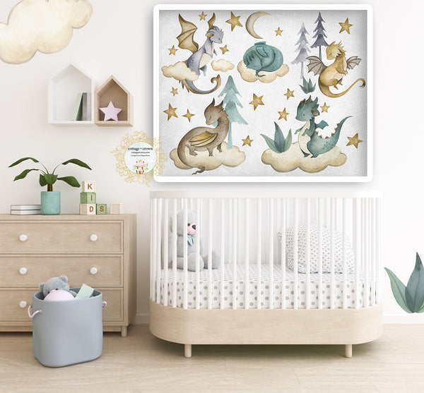 Medieval Gothic Dragon Collage Ethereal Boy Nursery Watercolor Wall Art Print