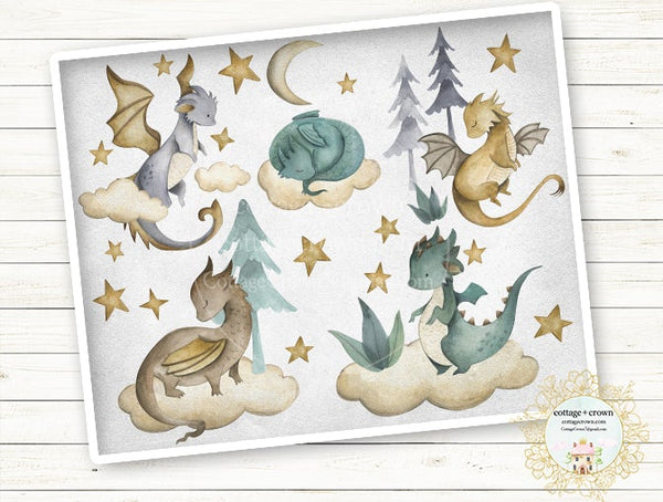 Medieval Gothic Dragon Collage Ethereal Boy Nursery Watercolor Wall Art Print