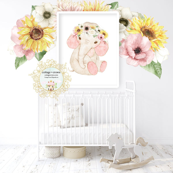 Boho Sunflower Anemone Blush Elephant Pink Floral Zoo Animal Wall Art Print