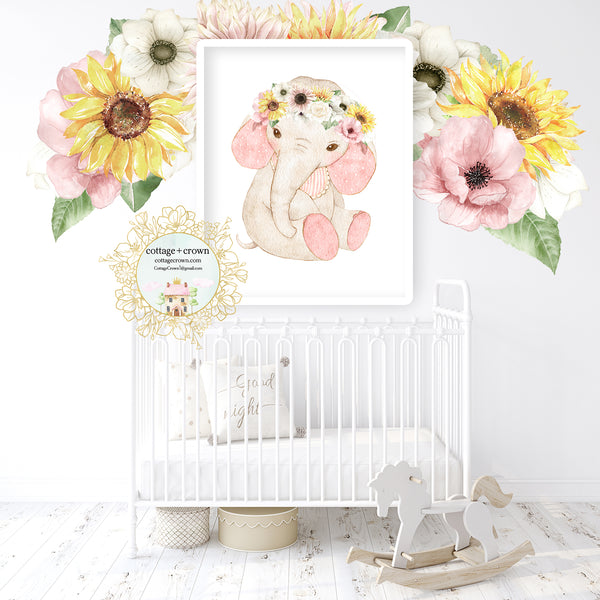 Boho Sunflower Anemone Blush Elephant Pink Floral Zoo Animal Wall Art Print