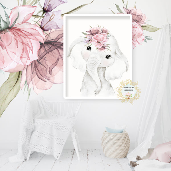 Boho Blush Elephant Pink Purple Floral Zoo Animal Watercolor Wall Art Print