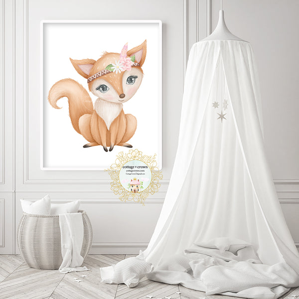 Boho Woodland Tribal Fox Feather Pink Floral Animal Wall Art Print