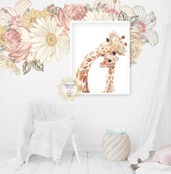 Boho Blush Giraffe Mommy Baby Blush Vintage Pink Floral Zoo Animal Wall Art Print