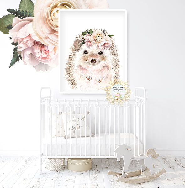 Boho Watercolor Hedgehog Blush Peony Floral Woodland Animal Wall Art Print
