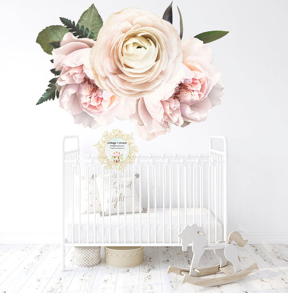 Blush Pink White Peonies Peony Flower Bouquet Wall Decal - Nursery Home Office Décor