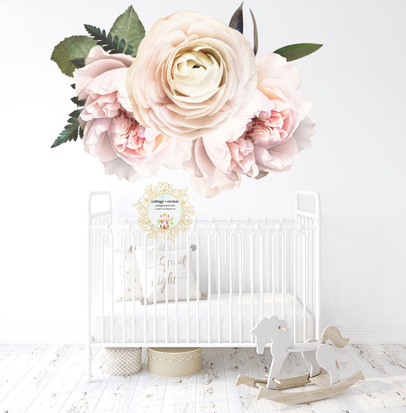 Blush Pink White Peonies Peony Flower Bouquet Wall Decal - Nursery Home Office Décor