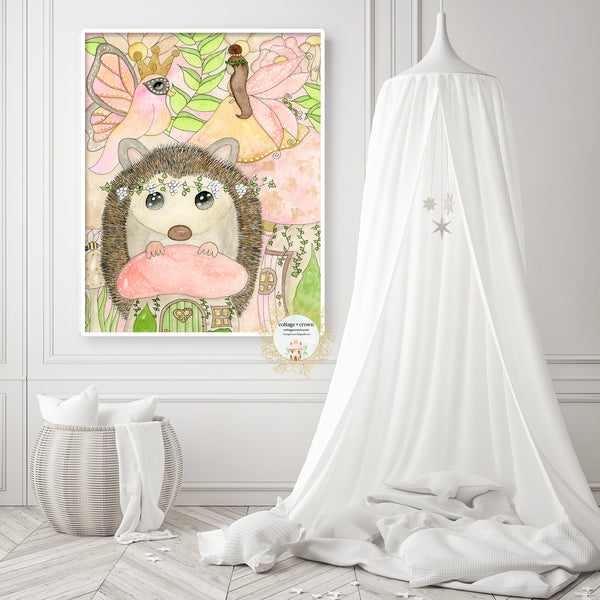 Enchanted Garden Hedgehog Floral Woodland Animal Whimsical Wall Art Print
