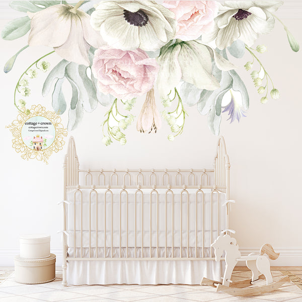 72" Anemone Blush Flower Bouquet Wall Decal Baby Girl Floral Peony Pink White Nursery Décor