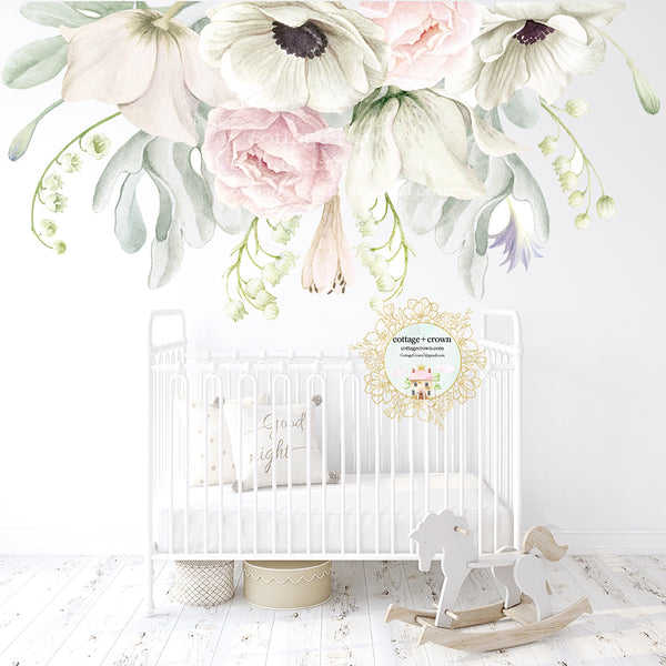 72" Anemone Blush Flower Bouquet Wall Decal Baby Girl Floral Peony Pink White Nursery Décor