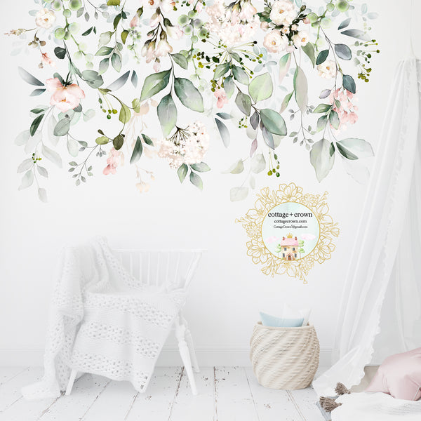 SALE - 72" Garden Blush Flower Bouquet Wall Decal Baby Girl Floral Peony Pink White Nursery Décor
