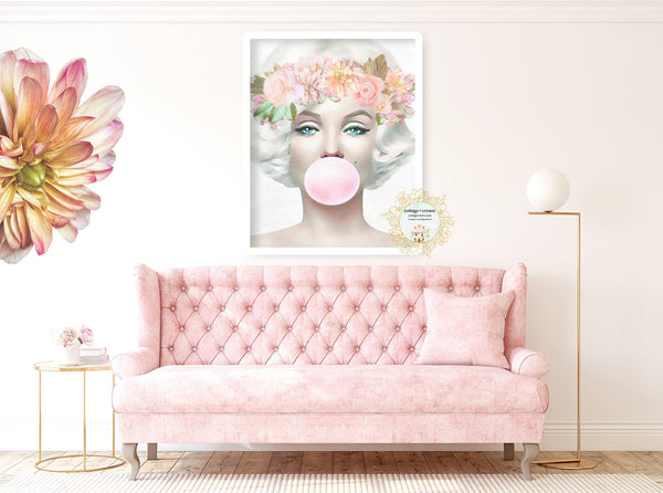 Marilyn Monroe Pink Bubblegum Bubble Boho Floral Wall Art Print