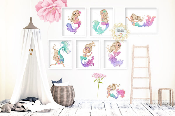6 Boho Mermaid Wall Art Print - Blonde - Nursery - Girl's Bedroom - Bathroom Décor