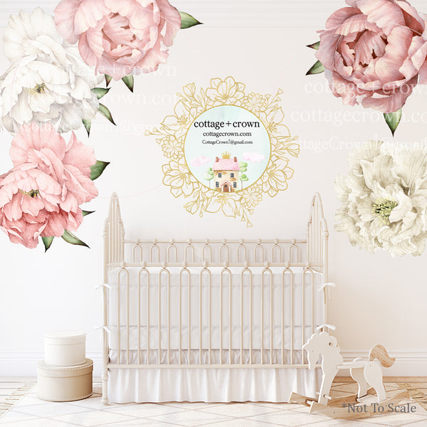 5 Classic Peony Blush Flower Wall Decals Set Pink White Nursery Décor