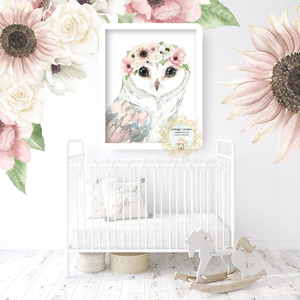 Boho Woodland Owl Wall Art Print - Blush Sunflower Anemone Rose