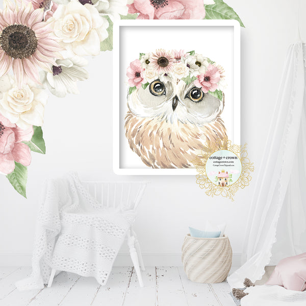 Boho Woodland Owl Wall Art Print - Blush Sunflower Anemone Rose