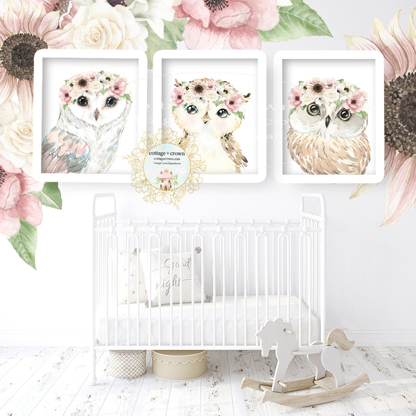 3 Boho Woodland Owl Wall Art Prints - Blush Sunflower Anemone Rose