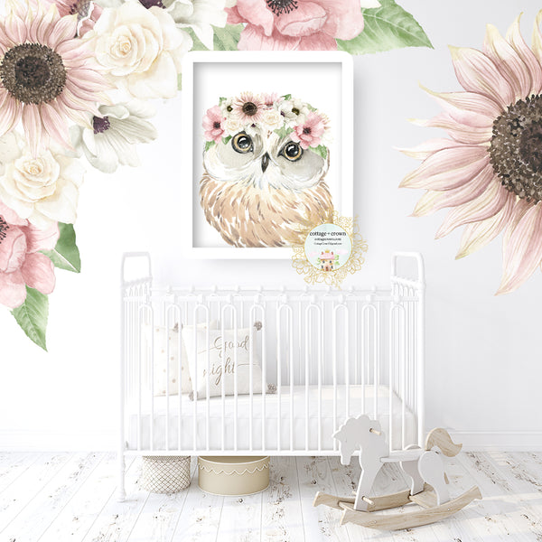 Boho Woodland Owl Wall Art Print - Blush Sunflower Anemone Rose