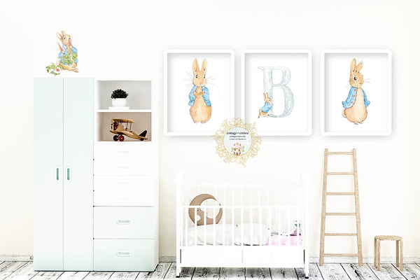3 Peter Rabbit Beatrix Potter - Personalized - Bunny Wall Art Prints