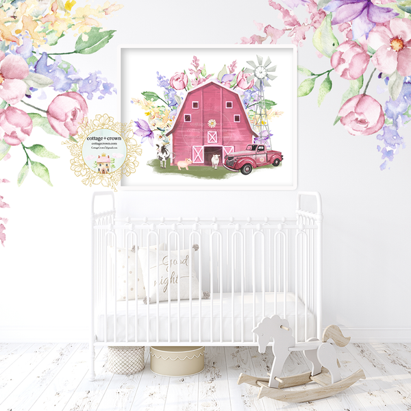 Boho Pink Barn Farmhouse Farm Animal Wall Art Print - Wildflowers