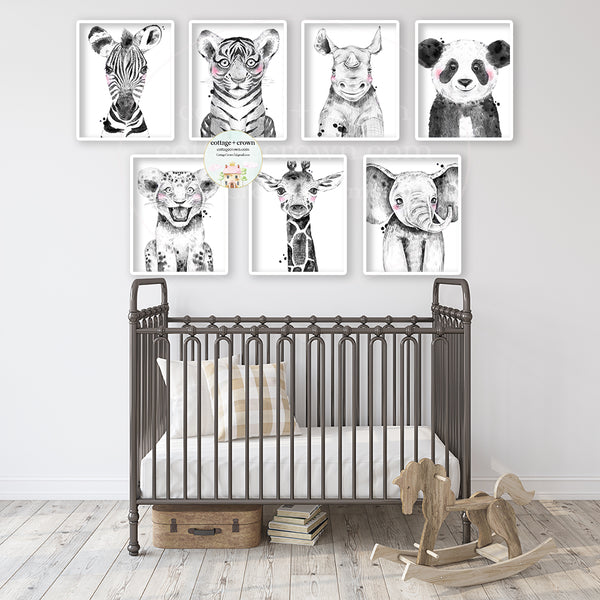 7 Preppy Decor Black White Zoo Animals Giraffe Elephant Safari Jungle Wall Art Prints - Ink Drawing