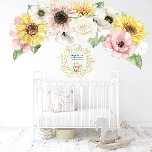 Sunflower Anemone Peony Blush Flower Bouquet Wall Sticker Decal Pink Yellow Nursery Décor