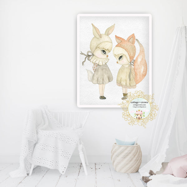 Sarafina + Sam Woodland Bunny Fox Girls Exclusive Watercolor Wall Art Print