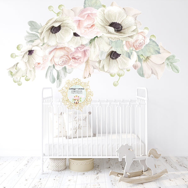SALE - 72" Anemone Blush Flower Bouquet Wall Decal Baby Girl Floral Peony Pink White Nursery Décor