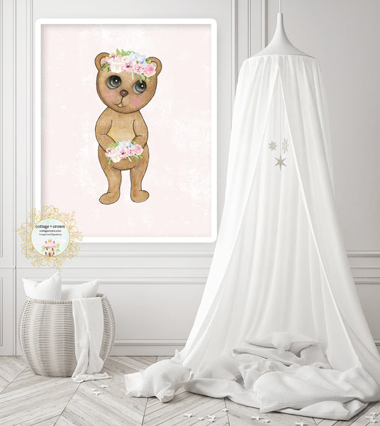 Boho Blush Bear Floral Woodland Animal Wall Art Print