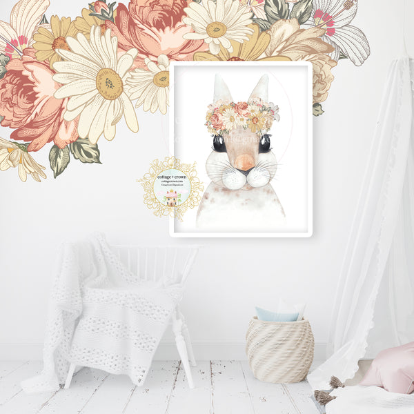 Bunny Rabbit Boho Woodland Wall Art Print Set - Mustard Rust Vintage Florals