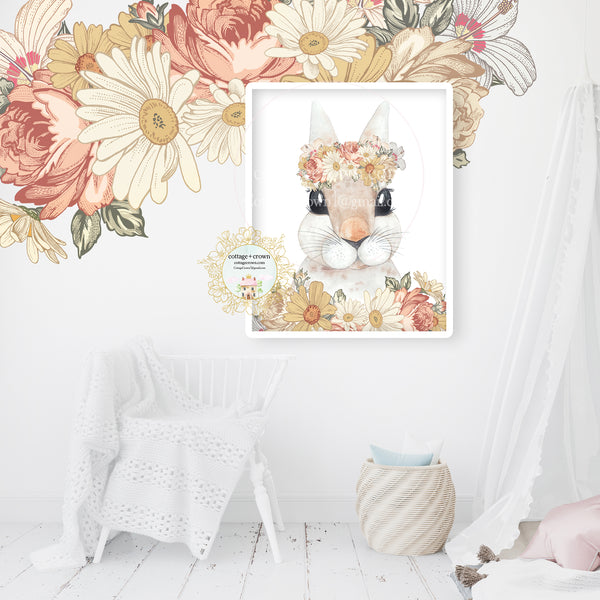 Bunny Rabbit Boho Woodland Wall Art Print Set - Mustard Rust Vintage Florals