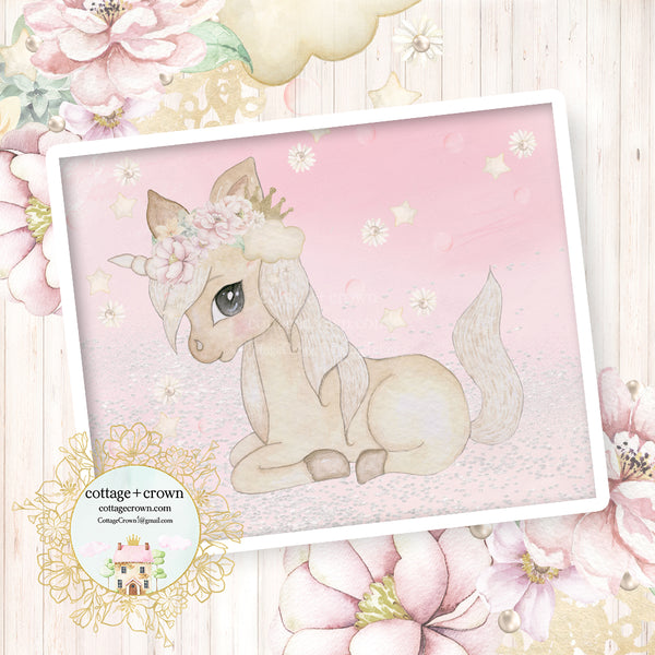 Boho Watercolor Unicorn Gold Crown Wall Art Print - Clouds Stars Daisies Peonies Pearls