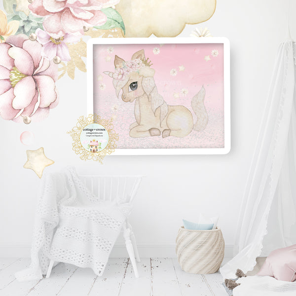 Boho Watercolor Unicorn Gold Crown Wall Art Print - Clouds Stars Daisies Peonies Pearls