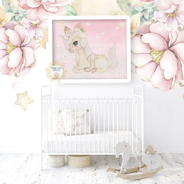 Boho Watercolor Unicorn Gold Crown Wall Art Print - Clouds Stars Daisies Peonies Pearls