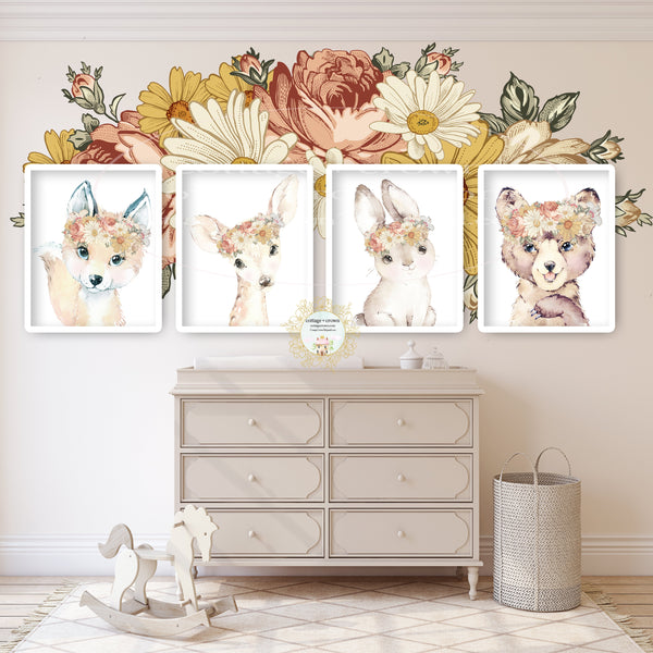 4 Boho Vintage Earthy Floral Woodland Animal Wall Art Prints - Hibiscus Botanical - Bear Deer Bunny Fox