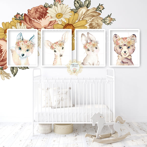 4 Boho Vintage Earthy Floral Woodland Animal Wall Art Prints - Hibiscus Botanical - Bear Deer Bunny Fox