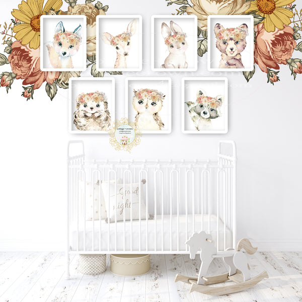 7 Boho Vintage Botanical Peony Woodland Animal Wall Art Prints - Bear Deer Hedgehog Bunny Owl Raccoon Fox