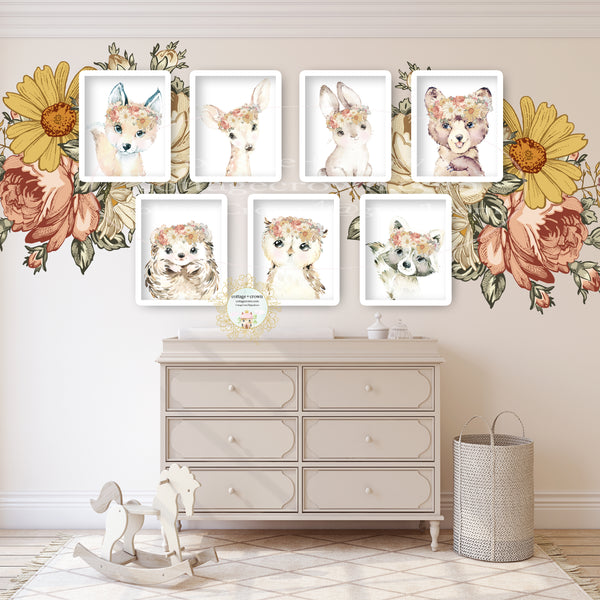 7 Boho Vintage Botanical Peony Woodland Animal Wall Art Prints - Bear Deer Hedgehog Bunny Owl Raccoon Fox