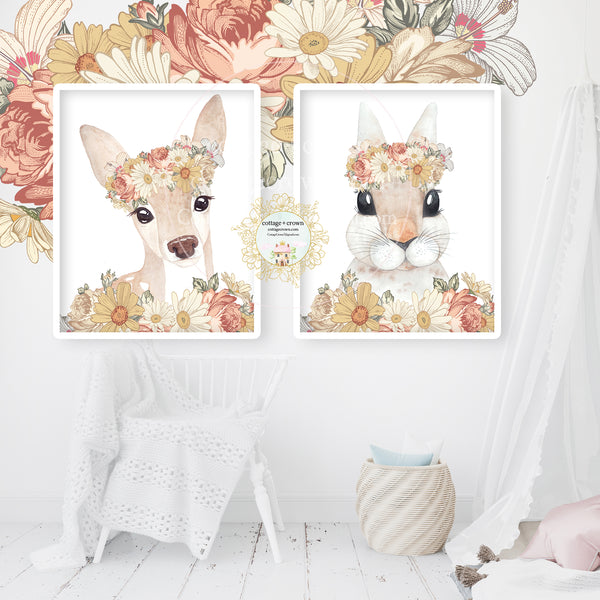 2 Deer Bunny Rabbit Boho Woodland Wall Art Print Set - Mustard Rust Vintage Florals