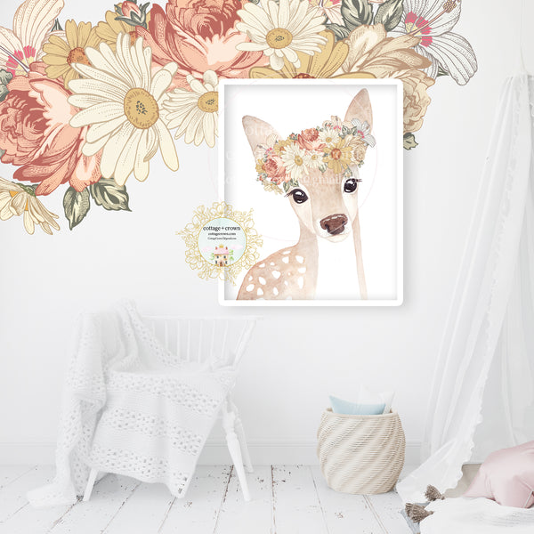 Deer Boho Woodland Wall Art Print Set - Mustard Rust Vintage Florals