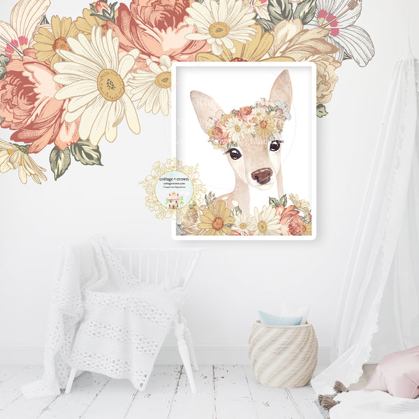 Deer Boho Woodland Wall Art Print Set - Mustard Rust Vintage Florals