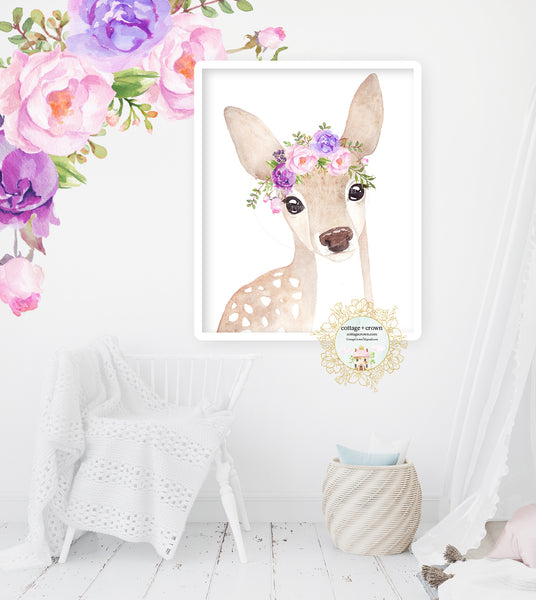 Boho Purple Blush Deer Floral Woodland Animal Wall Art Print