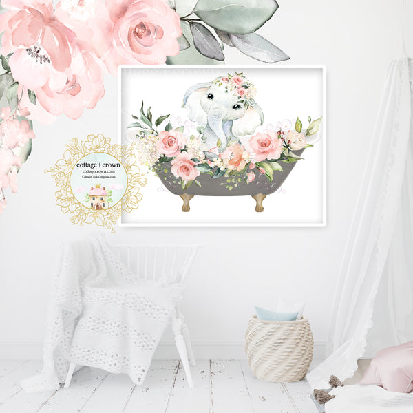 Boho Blush Elephant Bathtub Pink Floral Zoo Animal Wall Art Print - Nursery + Bathroom Décor