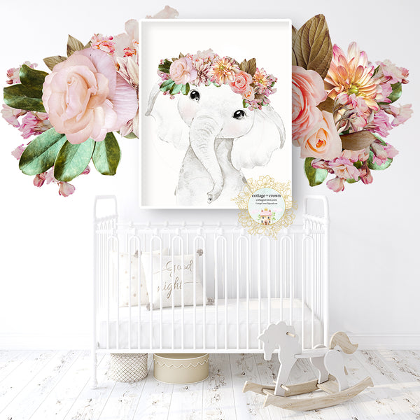 Vintage Shabby Chic Rose Boho Elephant Peony Floral Zoo Animal Wall Art Print