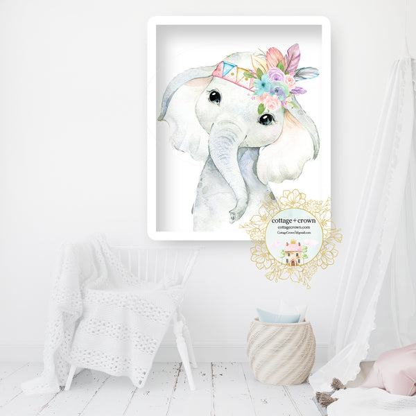 Tribal Boho Elephant Feather Floral Watercolor Headband Wall Art Print
