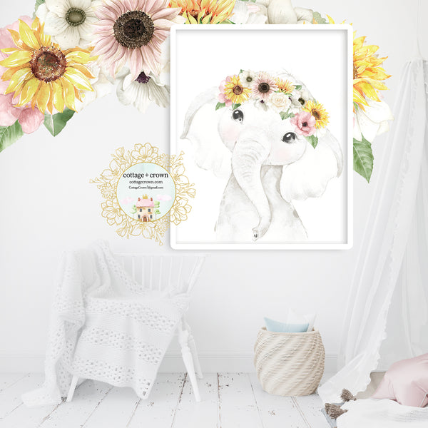 Boho Sunflower Anemone Blush Elephant Pink Floral Zoo Animal Wall Art Print