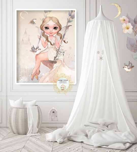 Boho Princess Girl On Swing Whimsical Garden Ethereal Castle Wall Art Print