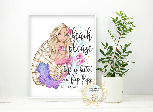 Boho Mermaid Wall Art Print - Beach Please - Nursery - Girl's Bedroom - Bathroom Décor