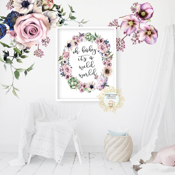 Oh Baby It's A Wild World - Anemone Sunflower Succulents Wildflowers Baby Nursery Wall Art Print - Boho