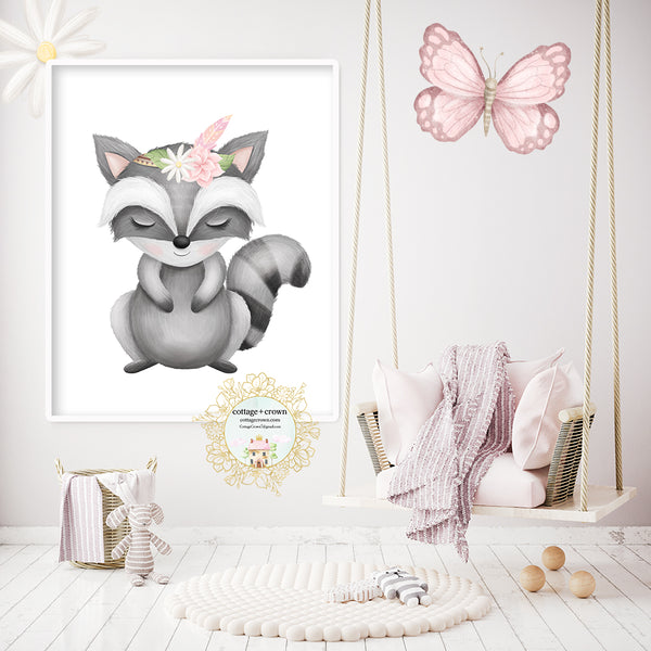 Boho Woodland Tribal Raccoon Feather Pink Floral Animal Wall Art Print
